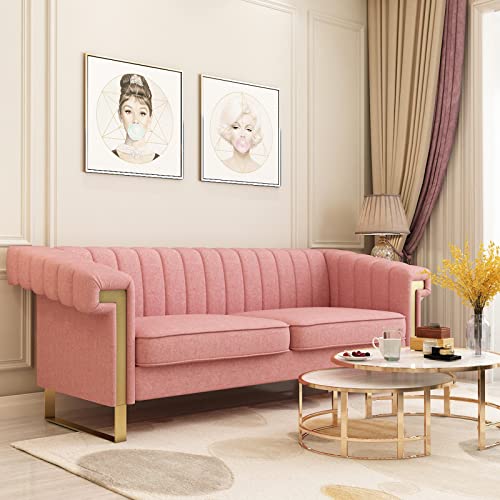 Chesterfield Sofa with Tufted Upholstered,Modern Velvet Couch with Flared Arms and Removable Cushions,83.85 Inch Width Living Room Furniture,Solid Wood Frame and Gold Legs,Pink