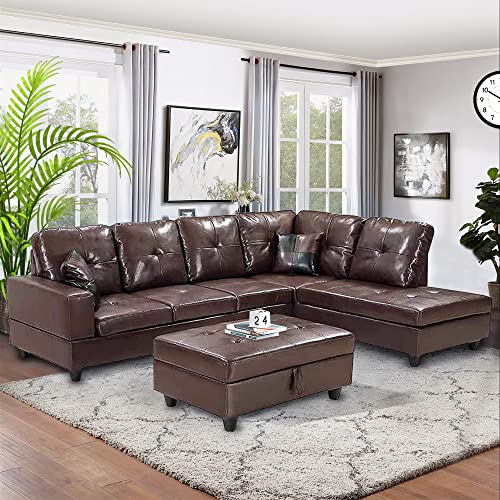 STARTOGOO 2022 Faux Leather Sectional Sofa with Tufted Cushions for Home Living Room Furniture Set, L-Shape 5 Seater Couch W/Right Chaise Lounge and Storage Ottoman,Brown