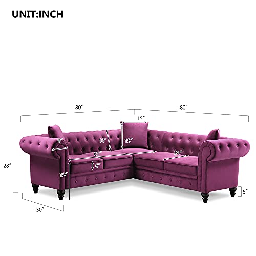 L-Shaped Sectional Sofa Set, Tufted Velvet Upholstered Rolled Arm Classic Chesterfield 5 Seater Sofa Couch for Living Room/Office, 3 Pillows Included (Purple)