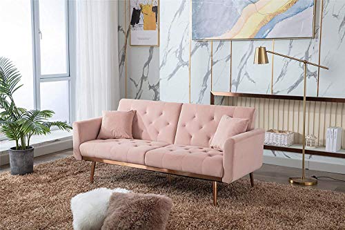 Mid Century Modern Velvet Fabric Couch Convertible Futon Sofa Bed Recliner Couch Accent Sofa Loveseat Sofa with Gold Metal Feet (59 Pink)