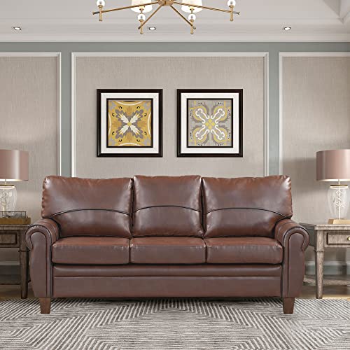 Luxury Faux Leather Sofa, Yoglad Scroll Arms Couch with Cushion Back, Futon with Wooden Legs, Contemporary Settee, Furniture for Living Room, Apartment, Reception (3 Seat Settee, Dark Brown)