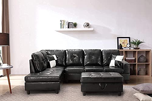 GAOPAN Faux Leather Tufted Cushions Sectional Sofa Easy to Assemble for Home Living Room Furniture Set,L-Shape 5 Seater PU Corner Couch W/Left Chaise Lounge and Storage Ottoman,Black
