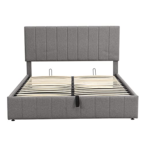 Upholstered Queen beds Gas Lift Up Storage Platform Bed Frame with Tufted Headboard Wooden Slat Support and Under Bed Storage, Gray