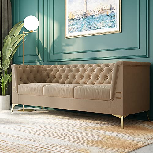 Melpomene Mid-Century Chesterfield Tufted Velvet Transitional Sofa Couch with Stainless Steel Leg 82.68