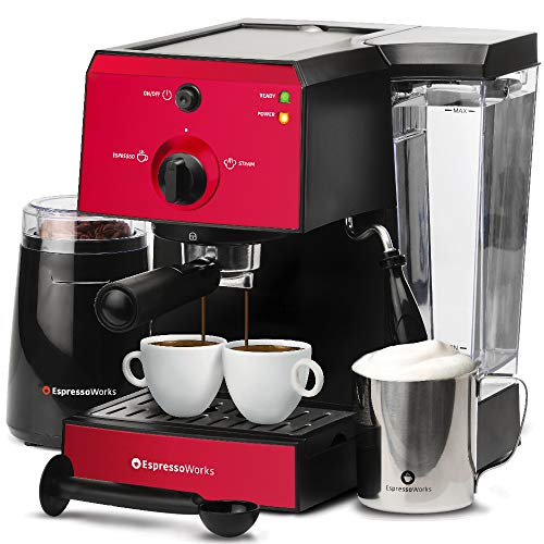 Espresso Machine & Cappuccino Maker with Milk Steamer- 15 Bar Pump, 7 Pc All-In-One Barista Bundle Set w/ Built-in Frother (Inc: Coffee Bean Grinder, Milk Frothing Cup, Tamper & 2 Cups), 1350W (Red)