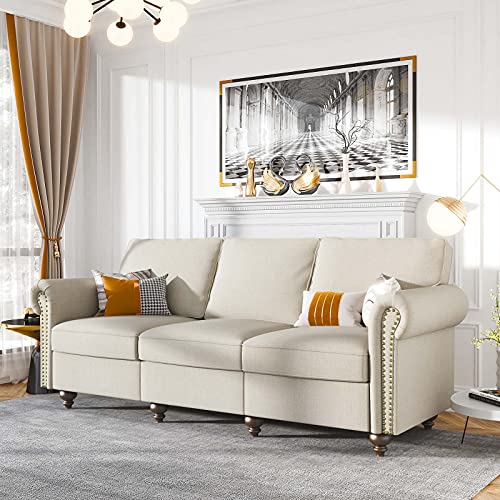 Nolany Classic 3 Seats Sofa Couch Linen Fabric Sofa with Tufted Upholstered Scrolled Arm Sofa for Living Room, Light Beige