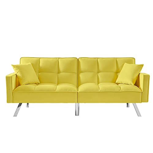 Living Room Furniture Yoglad Loveseat, Sofa with 2 Throw Pillows, Couch with 5 Legs, Futon for Living Room, Bedroom, Dorm (74 Inch Velvet, Yellow)