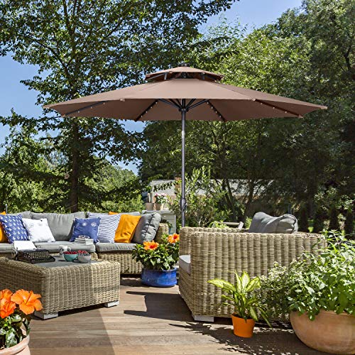 10 ft 2 Layers Patio Umbrella with 40 LED Solar Lights Windproof Outdoor Market Table Umbrella with Ventilation,Tilt and Crank(Coffee)