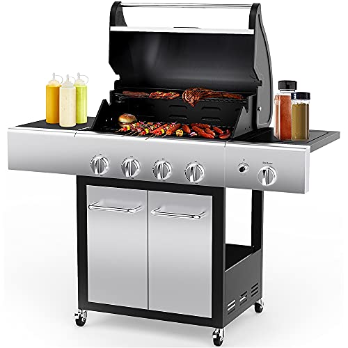 RINKMO Liquid Propane Gas Grill, 4 Burner, Stainless Steel Tabletop 52000 BTU Outdoor Patio Garden Barbecue Grill, Cart Style