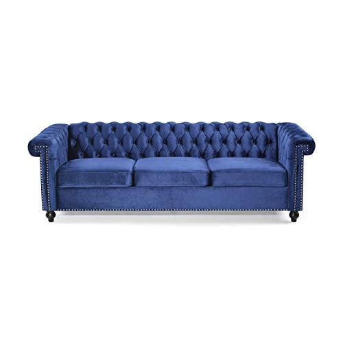 Laura Tufted Chesterfield Velvet 3 Seater Sofa, Midnight Blue and Dark Brown
