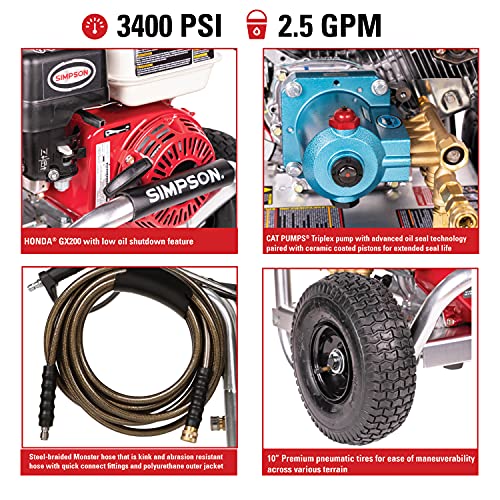 SIMPSON Cleaning ALH3228-S Cleaning ALH3228 3400 PSI at 2.5 GPM Gas Powered by HONDA GX200 Pressure Washer, Red