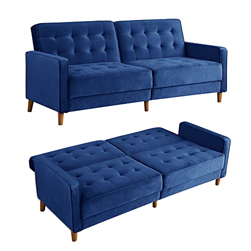 78-inch Velvet Futon Sofa Bed, Modern Sleeper Sofa Couch with 3 Angles Convertible Backrest, Small Loveseat Recliner Sofas with 6 Wooden Legs for Living Room, Bedroom (Blue)