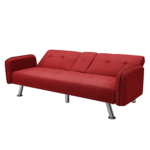 Futon Sofa Bed, Loveseat Sofa with 2 Cup Holders, Convertible Folding Recliner Sleeper Couch Bed, Mid Century Modern Sofas for Home Living Room Bedroom, Red 74.8” x 30.3” x 30.7”H