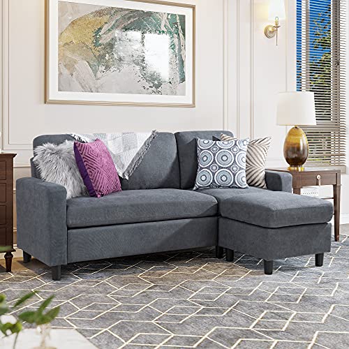 SUNLEI Convertible Sectional Sofa Couch L-Shaped Couch with Modern Linen Fabric 3-Seat Sofa Sectional with Reversible Chaise for Living Room/Small Space(Dark Grey