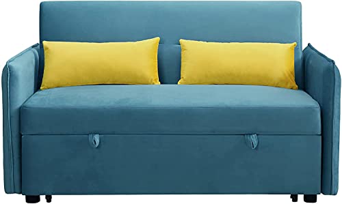 Smilehome Velvet 57'' Loveseat Sleeper Sofa Pull Out Bed, 2 Seats Sofá with Adjustable Backrest, 2 Pillows & Side Pocket Living Room Small Apartment, Blue