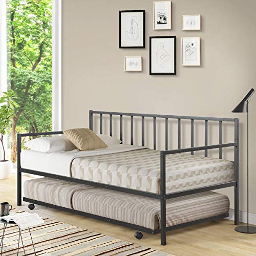 Giantex Twin Size Daybed and Trundle Frame Set, Trundle Bed with 4 Casters, Premium Metal Slat Support, Easy Assembly, Mattress Platform Bed Sofa for Living Room, Guest Room, Children Room