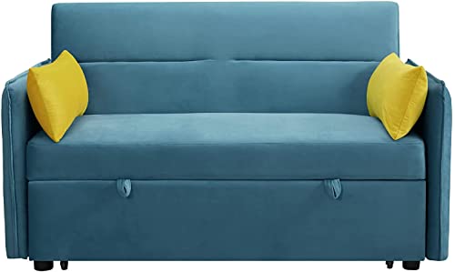 Smilehome Velvet 57'' Loveseat Sleeper Sofa Pull Out Bed, 2 Seats Sofá with Adjustable Backrest, 2 Pillows & Side Pocket Living Room Small Apartment, Blue