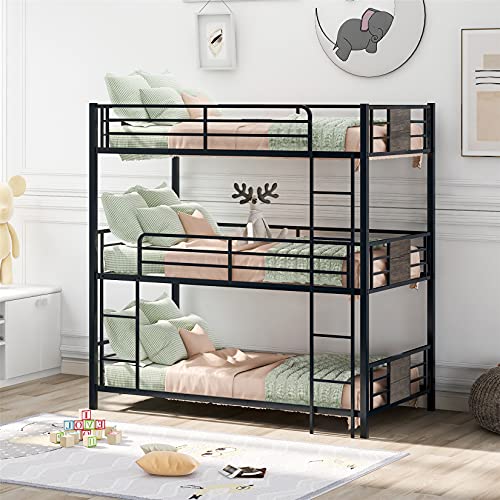 Triple Bunk Beds, Twin Over Twin Over Twin Metal Bunk Bed for Kids, Teens, Adults, Girls, Boys, Gray