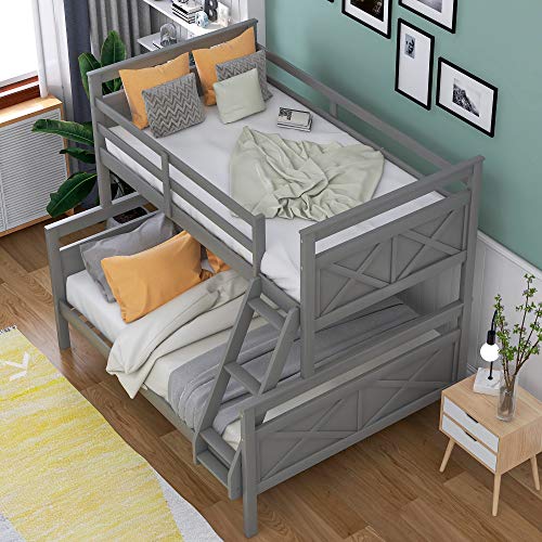Twin Over Full Bunk Bed, Bunk Bed Twin Over Full Size with Ladder, Wood Bunk Bed Frame with Guardrails for Kids Boys Girls Teens Adults, Can be Convertible to 2 Beds, No Box Spring Needed, Grey