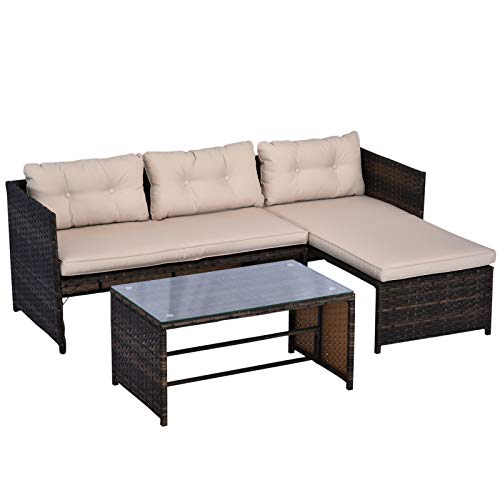 Outsunny 3-Piece Rattan Patio Furniture Sofa Set Conversation Set, Sectional Lounge Chaise Cushioned for Garden Poolside or Porch Lounging, Brown