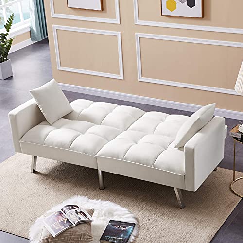 Olela Sleeper Sofa Bed Modern Tuft Futon Couch Convertible Loveseat Sleeper Reclining Sofa Bed Twin Size with Arms and 2 Pillows for Living Room, Cream