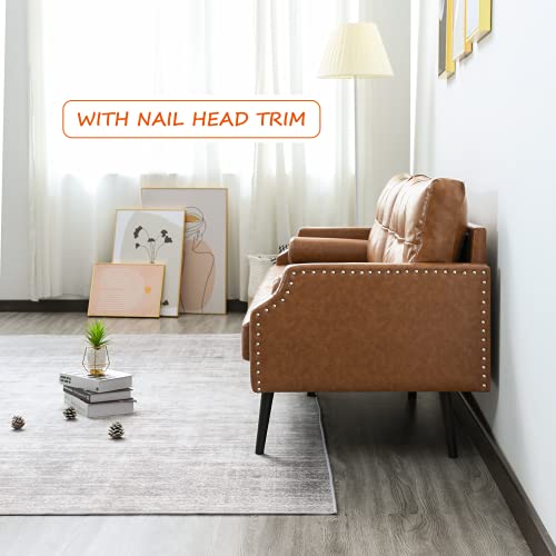 Vonanda Faux Leather 3 Seater Sofa, Mid-Century 73'' Couch with Rivet on Armrests and 2 Cylindrical Pillows, Upholstered Lounge Settee for Living Room Apartment Dorm Office, Caramel