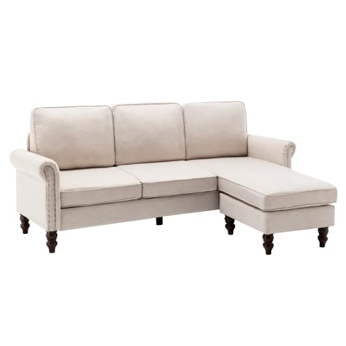 MELLCOM Convertible Modular Sofa Beige Sectional Sofa, L-Shaped Sofa Three Seat, Cream Couch for Living Room with Movable Ottoman, Beige Couch with Reversible Chaise Longue, Beige
