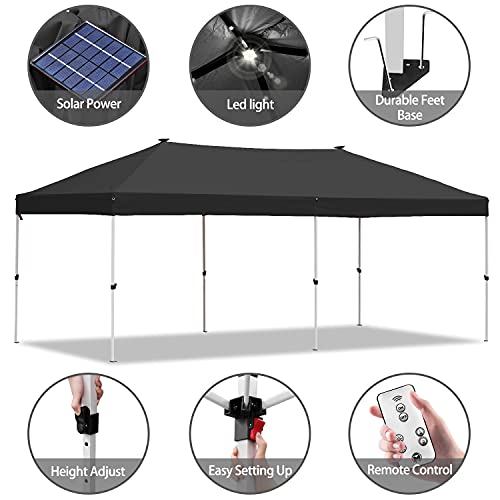 10x20 Pop up Canopy Solar Power Led Light Party Wedding Gazebo Tent Black