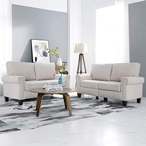 2 Piece Mid Century Modern Upholstered Sofa and Loveseat Sets Couch Living Room Furniture, Beige