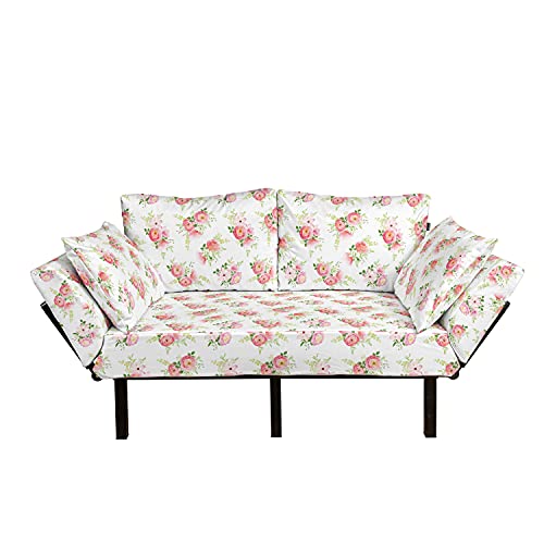 Ambesonne Shabby Flora Futon Couch, Nostalgic Themed Bunch of Magnolia Buds Rococo Poetic Fresh Nature, Daybed with Metal Frame Upholstered Sofa for Living Dorm, Loveseat, Green Pink Off White