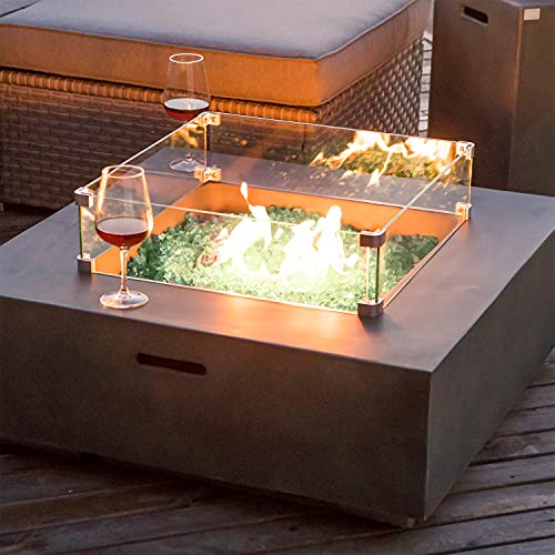 COSIEST Outdoor Propane Fire Pit Coffee Table w Square Faux Stone 35-inch Planter Base, 50,000 BTU Stainless Steel Burner, Green Fire Glass and Rain Cover, Metal Lid
