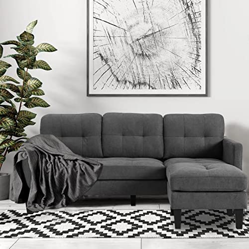 LEISU Sectional Sofas Couch Convertible L-Shaped 3-Seater Sofa Set Wide Reversible Couch with Modern Linen Fabric, Small Space Sofa for Living Room,Apartment and Office (Grey)
