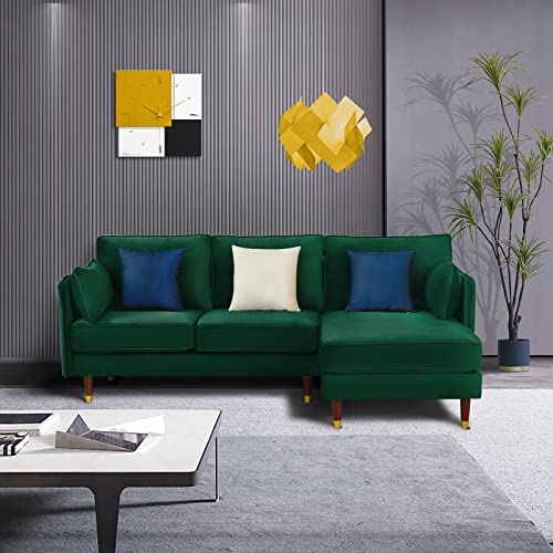Convertible Sectional Sofa Couch, Modern Velvet Couch L-Shaped Couch 3-Seat Couch Sectional with Reversible Chaise for Small Living Room, Apartment and Small Space (Green)
