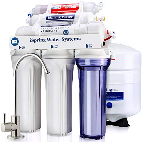 iSpring RCC7AK Under Sink Reverse Osmosis Drinking Water Filter System with Alkaline Remineralization-Natural pH, White