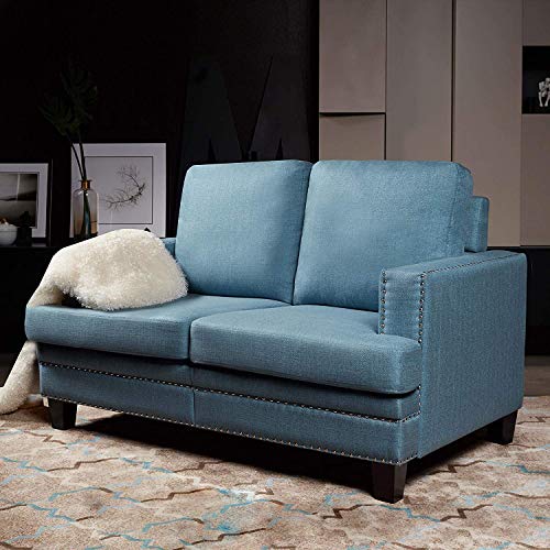 Top Space Loveseat Sofa Modern Upholstered Couch Rivet Style Mid Century Loveseats Casual Arm Chair Living Room Small Space Linen Fabric Furniture(1 PC-2, Blue)