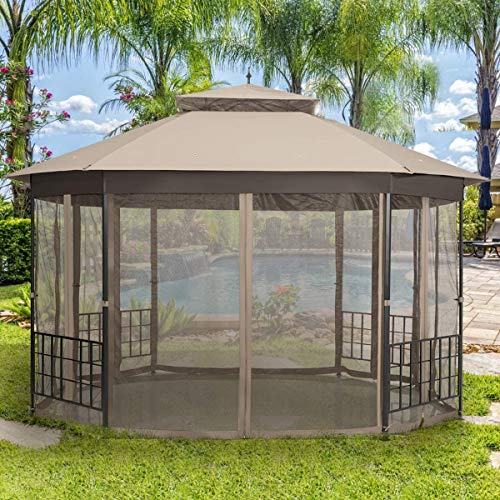 Moccha 10 x 12 Ft Heavy Duty Octagonal Canopy Tent Patio Gazebo with Netting Sidewalls and Sturdy Steel Frame, Double Roof Vented Gazebo Canopy Shelter for Party, BBQ, Backyard, Event, Family, Brown