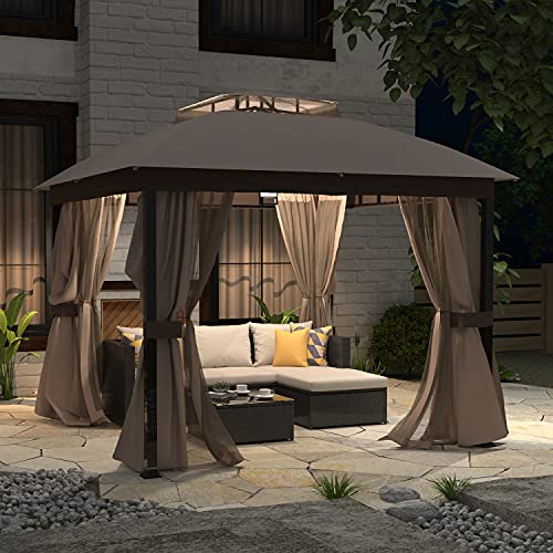 Homevibes 10x10 Gazebo with Mosquito Netting and Privacy Curtains Outdoor Patio Gazebo Vented Soft Top Gazabo Canopy Tent with Steel Frame, Beige
