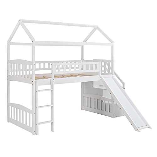 Loft Bed with Slide, House Loft Beds Twin Size with Step Storage Drawers Stairway Playhouse Bed for Kids Toddlers Girls/Boys, White