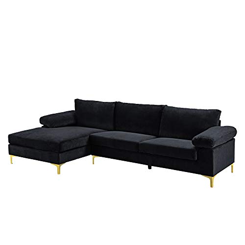 Casa Andrea Milano Modern Large Velvet Fabric Sectional Sofa Couch with Extra Wide Chaise Lounge with Golden Legs, L Shaped, Black