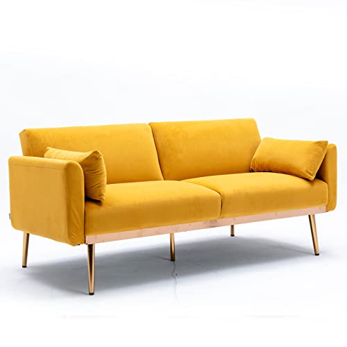 Holaki Modern Velvet Sofa,Comfortable Futon Sofa Bed Soft Velvet Fabric with Convertible Cushions,Metal Legs&Square Arms,Upholstered Loveseat Sofa,Convertible Sleeper Sofa for Living Room(Mango Color)