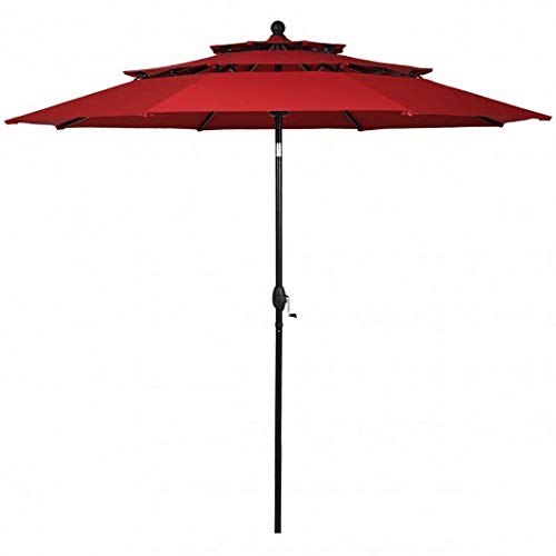 10 Ft 3 Tier Patio Umbrellas & Shade, Aluminum Wind Resistant Shade Umbrella Double Vented without Base-Burgundy