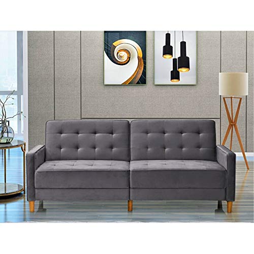 US Pride Furniture Classical Style Soft Square Arm 80’’ Wide Cool Grey Velvet Tufted Twin Size Convertible Sofa Bed with Solid Wooden Legs & High Density Foam (SB9074-9080) Sofabed