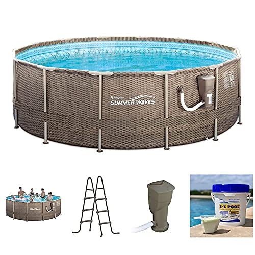 Summer Waves P20014482 14ft x 48in Round Frame Above Ground Swimming Pool Set with Skimmer Filter Pump, Cartridge, Solution Blend, and Ladder, Brown