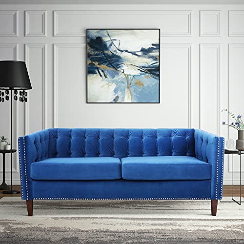 LoveSeat Traditional Chesterfield Sofa Upholstered Loveseat Sofa Velvet Tufted 2 Seater Sofa Mid Century Love Seats for Small Spaces (Blue)