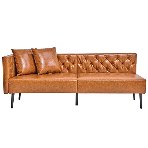 Vonanda Sectional Sofa Couch, Contemporary Tufted Faux Leather Sofa, L-Shaped Leather Couch Module with Single Armrest and 2 Throw Pillows, Caramel