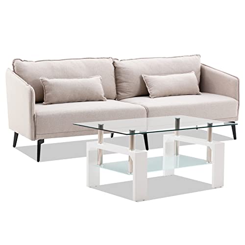 Modern Apartment Couch and Coffee Table Set, Beige Sofa with Rectangle Glass Waiting Area Table, 2 Piece Living Room Furniture Set