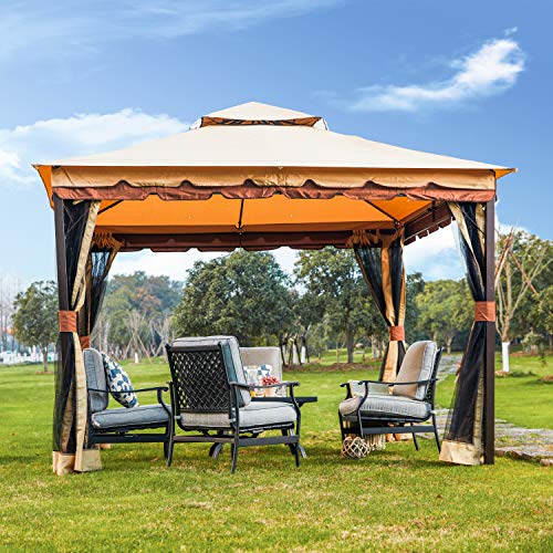 LOKATSE HOME x 9.8’ Patio Canopy Gazebo Shelter Soft-Top Garden Tent with Mosquito Netting and Shade Curtains for Backyard, Lawn, Deck, 9.8inch