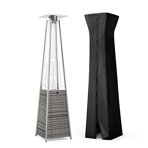 PAMAPIC Patio Heater with Cover, 42,000 BTU Pyramid Flame Outdoor Heater, Quartz Glass Tube Propane Heater, Unique Gray Rattan Outdoor Patio Heater