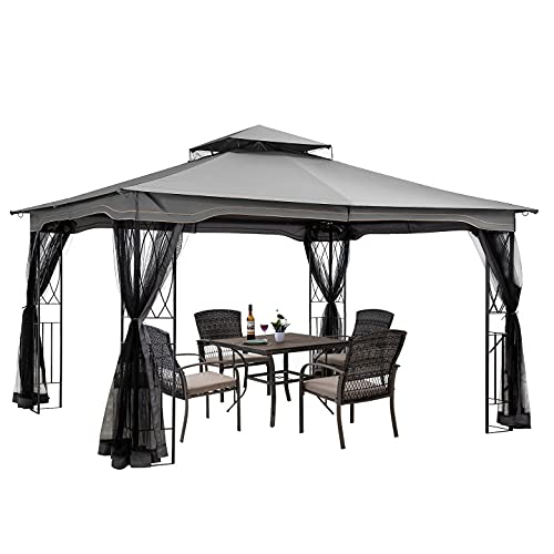 PAMAPIC 12x10 Outdoor Gazebo with Skylights and Mosquito Netting, Waterproof and UV-Proof Terrace Gazebo for Backyard, Garden, Lawn and Deck (Gray)