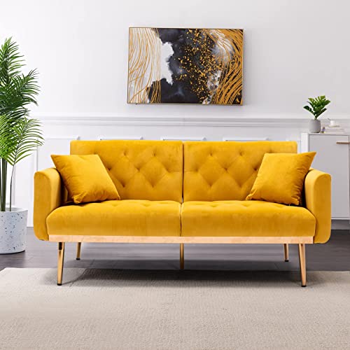 Velvet Futon Sofa Bed,Modern Tufted Fabric Couch with 2 Soft Pillows, Modern Loveseat Convertible Sleeper Sofa for Living Room and Bedroom(Mango Color)